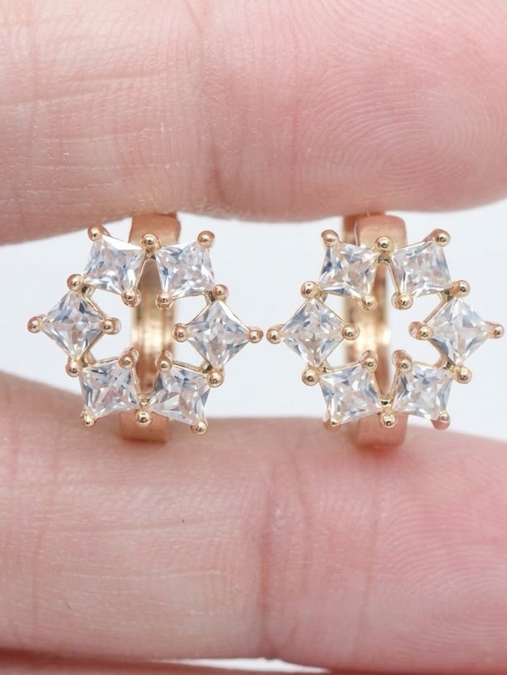 Gold plated Cubic Zirconia Huggie Hoop Earrings - Sparkling Clear Stones